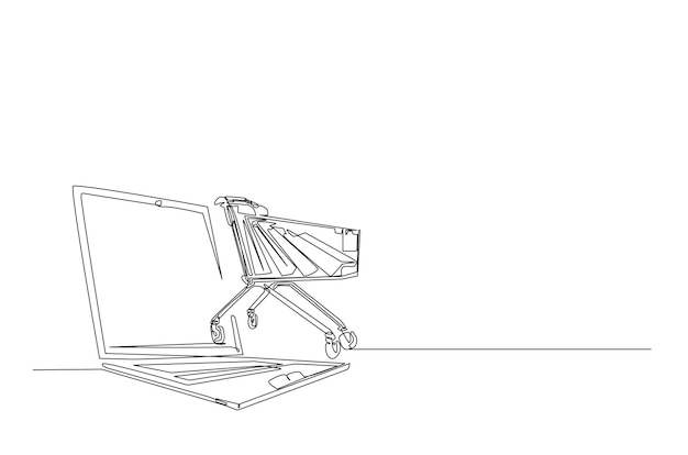 carrito de compras fuera de la computadora portátil en un dibujo continuo de una línea