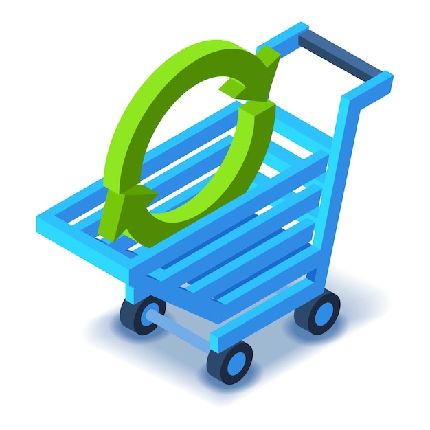 Vector carrito de compras con icono de flecha verde ilustración isométrica del icono de vector de carrito de compras para diseño web