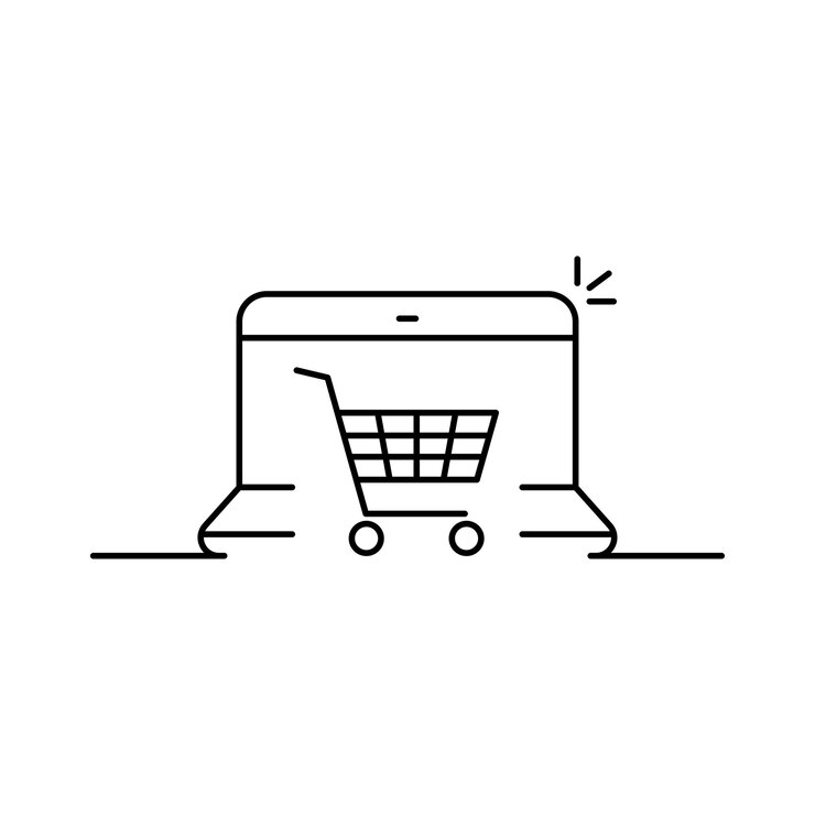 Vector carrito de compras de línea delgada en portátil estilo plano lineal tendencia moderno logotipo arte gráfico ui elemento aislado en fondo blanco concepto de fácil comercio electrónico o