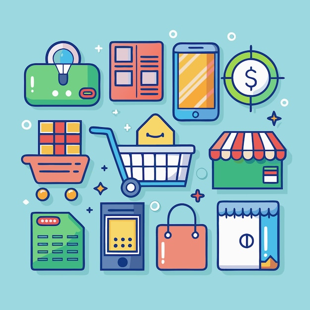 Carrito de compras en línea con iconos de tiendas móviles
