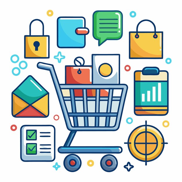 Carrito de compras con lista de comprobación de pago seguro y marketing dirigido