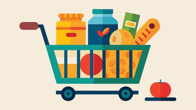 Vector el carrito de compras está lleno de artículos no perecederos como granos, frijoles y productos enlatados que muestran una