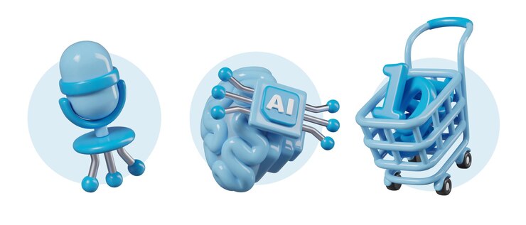 Vector el carrito de compras con micrófono azul realista con números, el cerebro conectado al procesador.