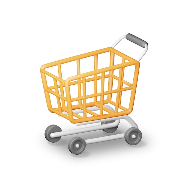 Carrito de compras naranja 3D aislado en blanco Render Icono de carrito de compras realista Cesta de compras vacía de supermercado Ilustración vectorial de dibujos animados de vista frontal