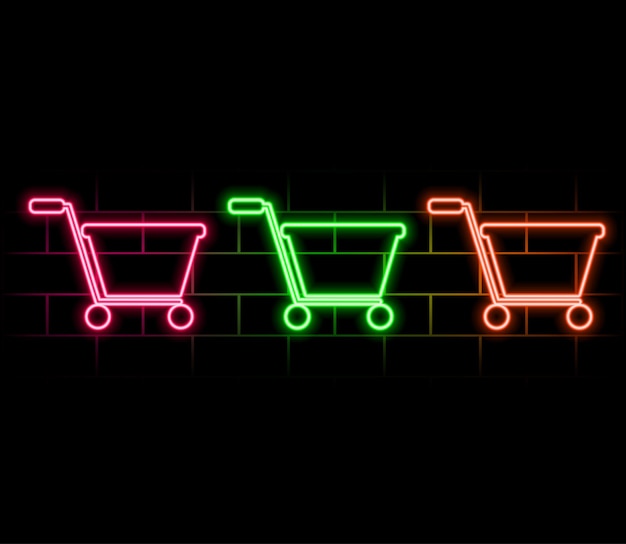 El carrito de compras de neón El conjunto de neón de la canasta El letrero de compras en línea Ilustración vectorial Rosa
