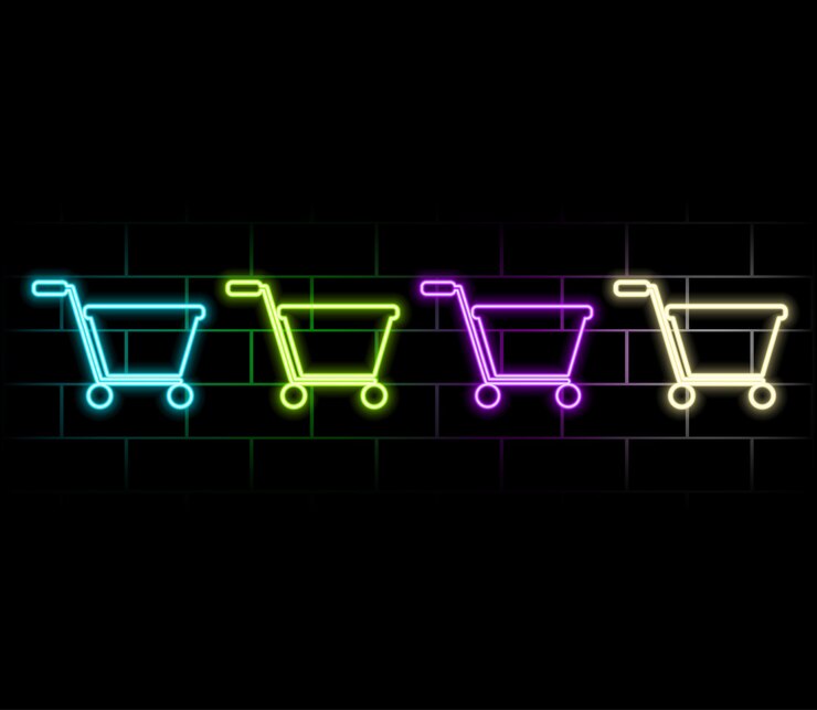 Vector el carrito de compras de neón el conjunto de neón de la canasta el letrero de compras en línea ilustración vectorial verde