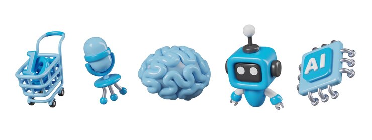 Vector carrito de compras con números micrófono cerebro mini procesador robot con etiqueta de ia