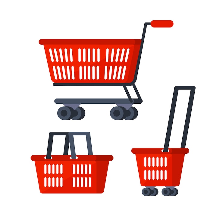 Vector carrito de compras de plástico en fondo blanco carrito de supermercado transporte de productos de hipermercado
