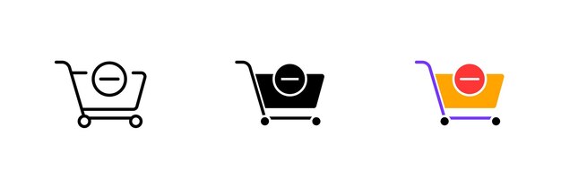 Carrito de compras con signo de prohibición Eliminar eliminar del carrito cancelar prohibir comprar comprar compras Icono de conjunto de vectores en línea estilos negros y coloridos aislados en fondo blanco