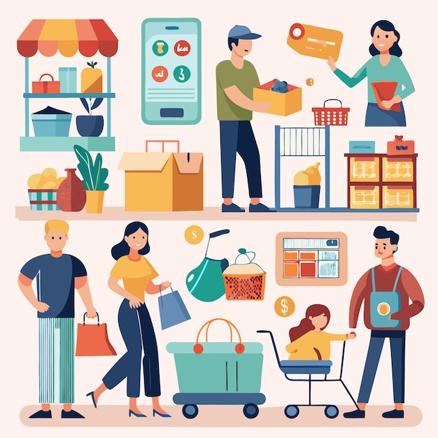 El carrito de compras y la tienda de comestibles Una rutina diaria de la familia