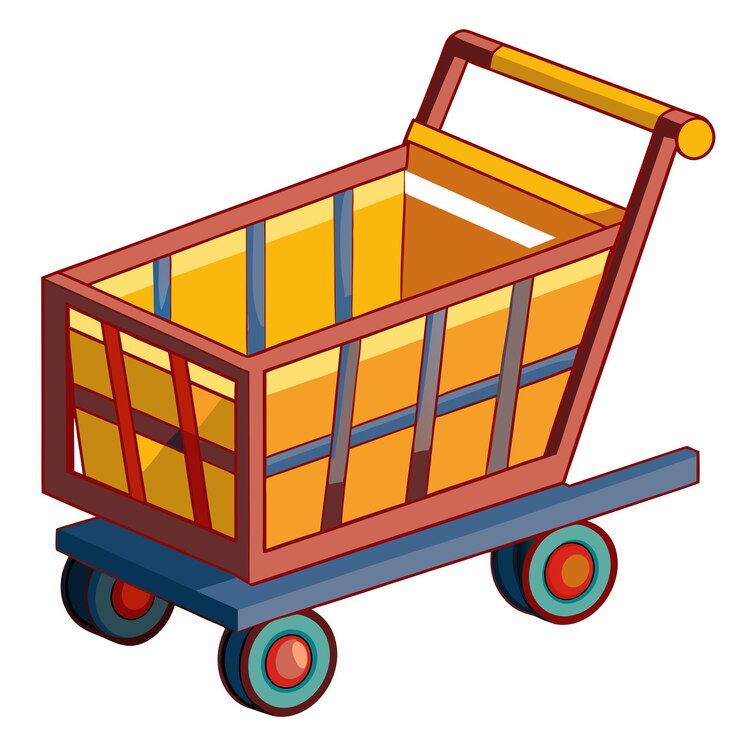 Vector carrito de compras vacío con adornos amarillos y rojos y cuatro ruedas