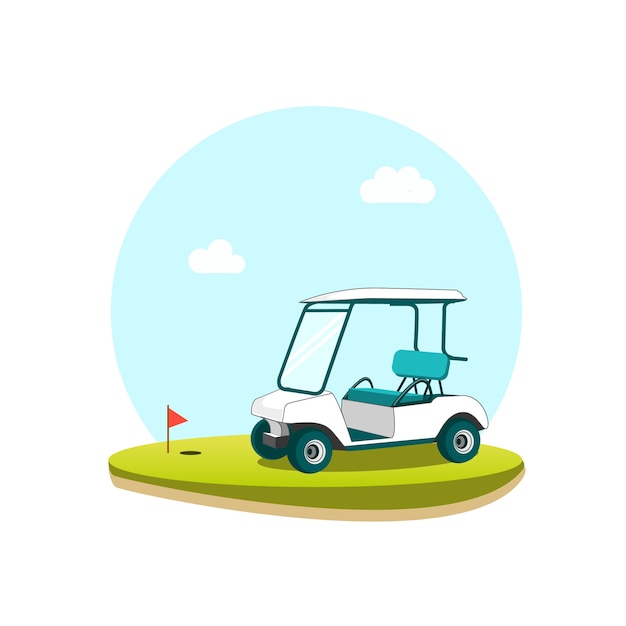 Vector carrito de golf en vector de campo de golf