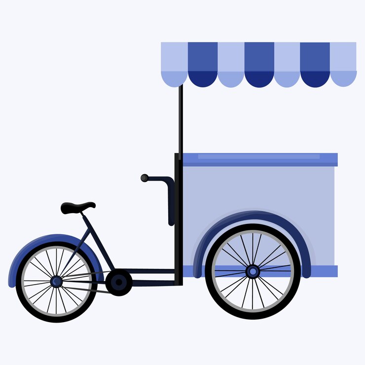 Un carrito de helados azul con un toldo azul que dice helado.