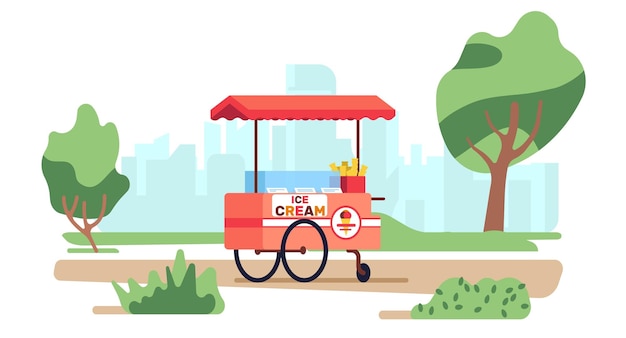 Carrito de helados Comida callejera del parque bocadillos que venden quiosco en la naturaleza postre congelado cafetería al aire libre de verano puesto sobre ruedas tienda de festival tienda de feria vacía paisaje de la ciudad concepto vectorial