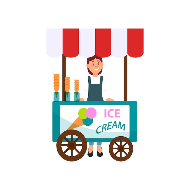 Carrito de helados y niña Vendedora callejera Mujer alegre vendiendo delicioso postre de verano Diseño vectorial plano