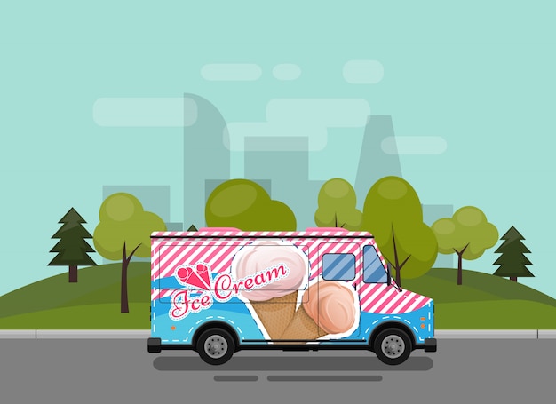 Vector carrito de helados, quiosco sobre ruedas, minoristas, postres lácteos.