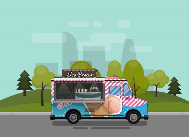 Carrito de helados, quiosco sobre ruedas, minoristas, postres lácteos.