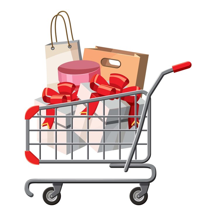 Vector carrito sobre ruedas con icono de compras ilustración de dibujos animados de carrito sobre rueda con icono vectorial de compras para la web