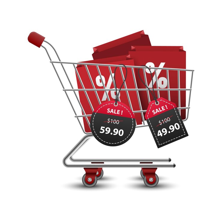 Vector carritos de la compra llenos de bolsas de la compra con etiquetas de precio de papel rojo y negro 3d venta