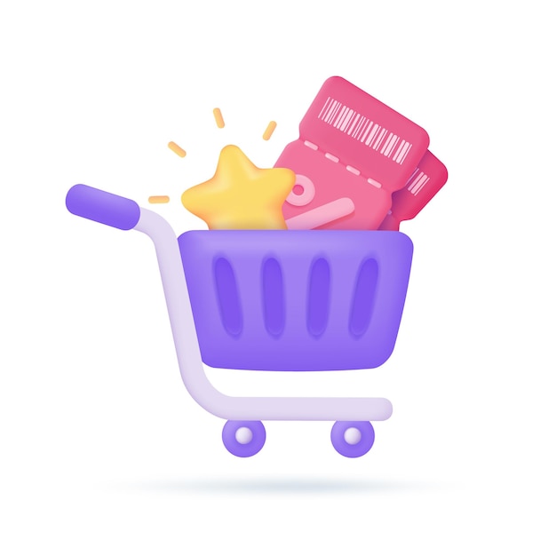 Carritos de compras y cupones de descuento en compras Notificación de descuento especial Ilustración 3D