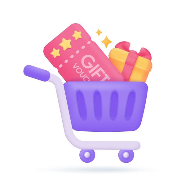 Carritos de compras y cupones de descuento en compras Notificación de descuento especial Ilustración 3D