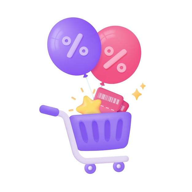 Carritos de compras y cupones de descuento en compras Notificación de descuento especial Ilustración 3D