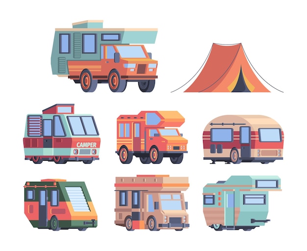 Carro de acampar. Colección de camiones de vector de transporte de explorador de viaje por carretera de caravanas. Ilustración camping explorer, campamento de camiones para expedición y turismo.