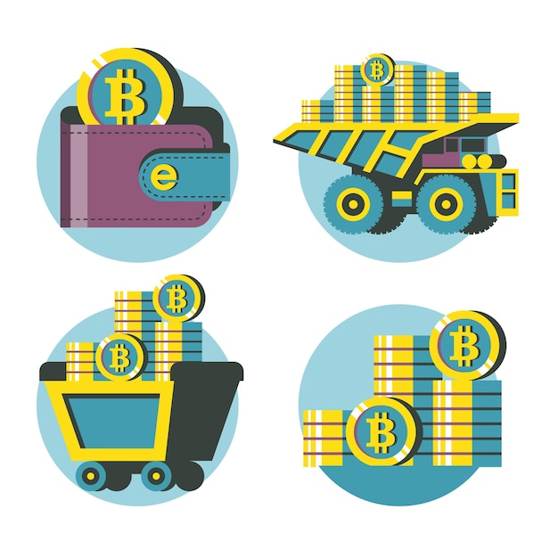 Carro con bitcoins, billetera con bitcoins, pila de monedas, camión volquete con bitcoins. Conjunto de imágenes prediseñadas vectoriales. Aislado sobre fondo blanco.