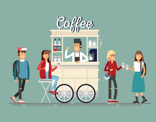 Carro de café callejero creativo detallado o tienda con máquina de café espresso, botellas de jarabe
