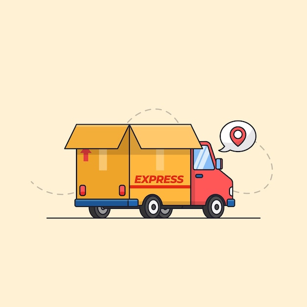 carro de camión con caja de papel de cartón para envío urgente servicio de entrega ilustración de transporte