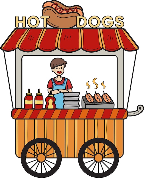 Carro de comida callejera dibujado a mano con ilustración de perritos calientes
