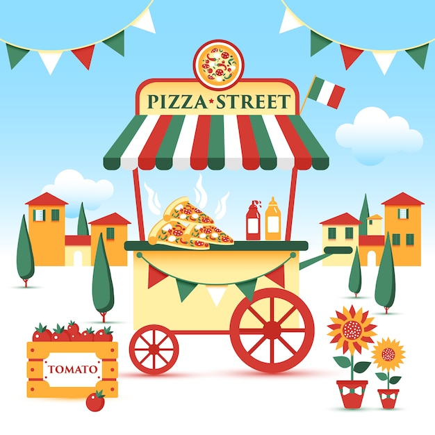 Carro de comida callejero de pizza. Ilustración colorida, estilo de dibujos animados, en el paisaje italiano.