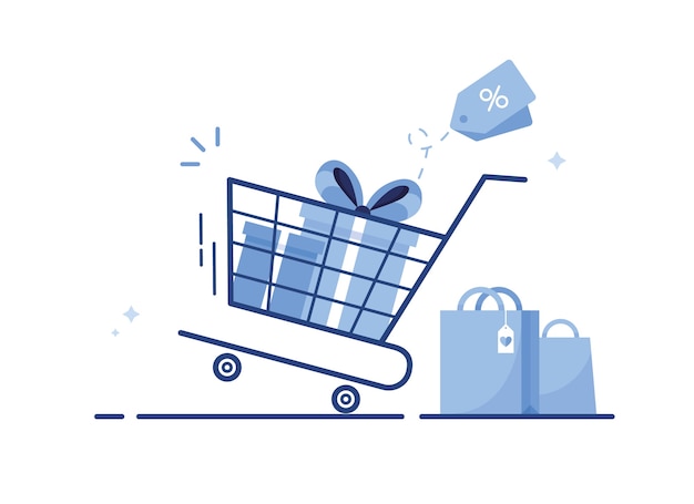 Carro de la compra con cajas regalo y bolsas de compra de tienda online para marketing de comercio electrónico, provisto de oferta y descuento. Azul