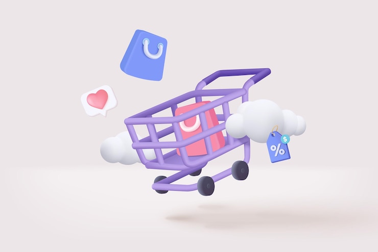 Vector carro de compras 3d con nube para compras en línea y canasta de ideas de marketing digital y etiquetas promocionales sobre fondo blanco bolsa de compras comprar vender descuento 3d vector icono ilustración
