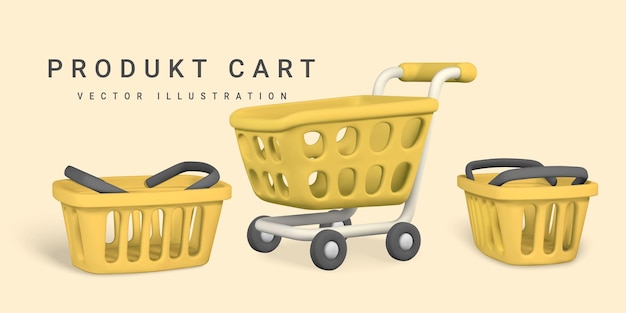 Carro de compras amarillo vacío 3d concepto de compras ilustración vectorial