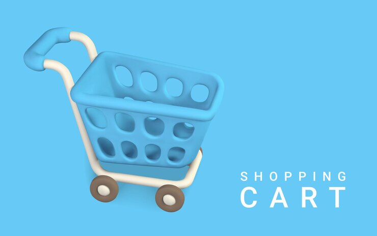 Vector carro de compras azul vacío 3d sobre un fondo azul. concepto de compras. ilustración vectorial.