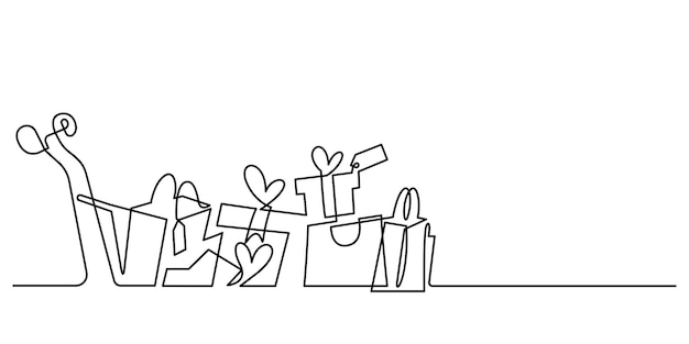 Carro de compras con bolsas de compras y celebración de cajas de regalo en dibujo de línea continua