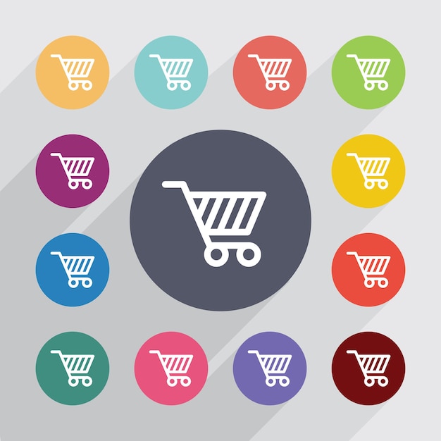 Carro de compras, conjunto de iconos planos. Botones redondos de colores. Vector