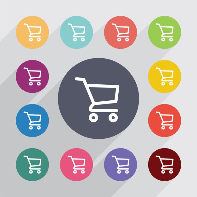 Carro de compras, conjunto de iconos planos. Botones redondos de colores. Vector