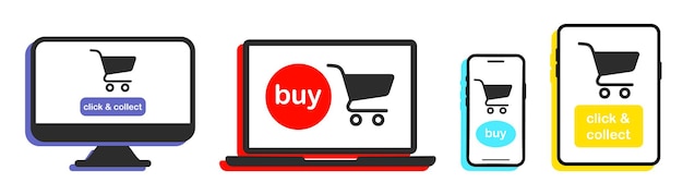 Carro de compras en los dispositivos de pantallas. Compra en línea. Computadora, computadora portátil, tableta y teléfono inteligente - iconos vectoriales. Publicidad digital. tienda de Internet. concepto de comercio electrónico. Haga clic y recoger y comprar ahora