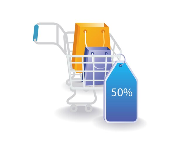 Carro de compras con etiqueta de descuento.
