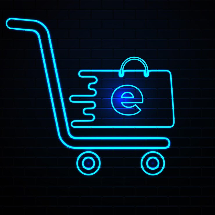 Vector carro de compras de neón brillante signo de compra en línea o icono de compras en línea ilustración vectorial
