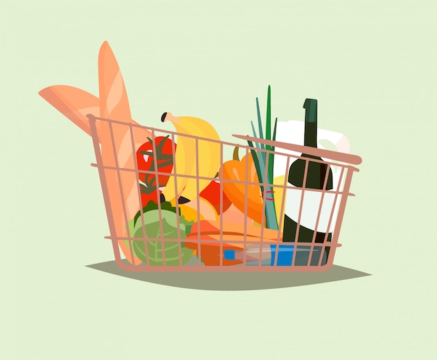 Carro de compras con productos, ilustración vectorial plana.