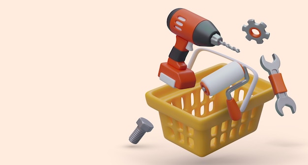 Carro de compras realista con herramientas de trabajo Rodillo de pintura cepillo taladro eléctrico llave perno engranaje Todo lo que necesita para reparación y construcción Afiche para la tienda del fabricante