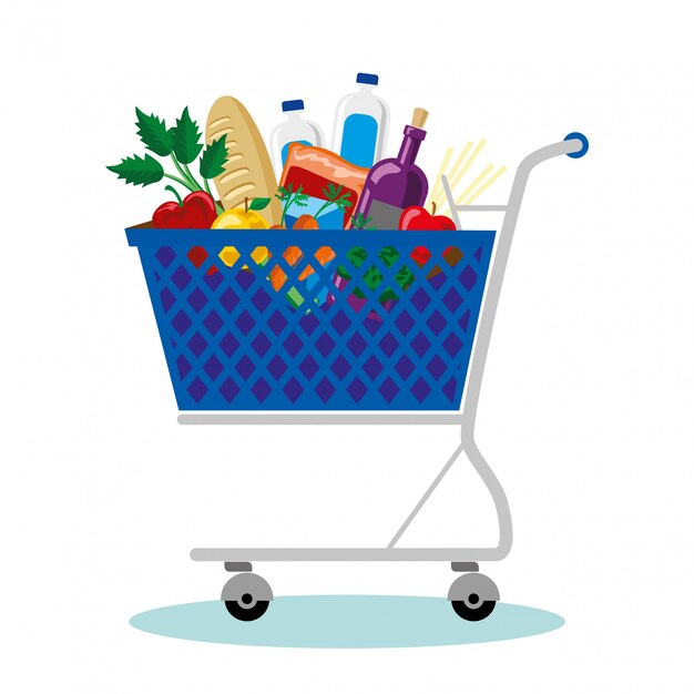 Carro de compras con verduras y frutas.
