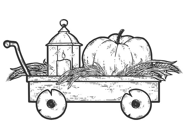Carro de madera con calabazas y hierbas de otoño Ilustración de otoño cosecha agricultura Bosquejo