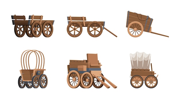 Vector carro de madera carro de época vehículos del salvaje oeste occidental carro de granja antiguo con ruedas grandes ilustraciones de vectores chillones en estilo plano