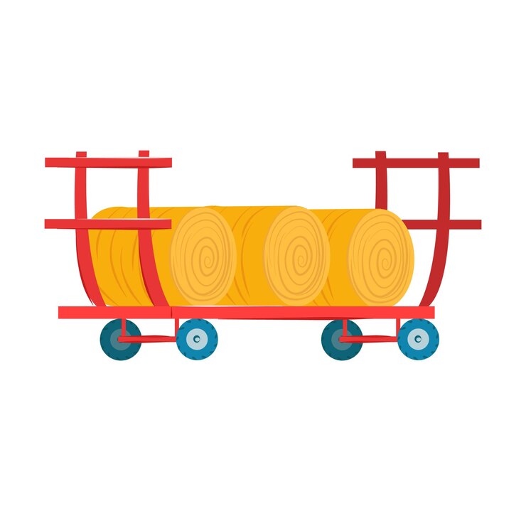 Vector carro de madera de dibujos animados con troncos apilados carro de plataforma industrial rojo y azul transporte de madera