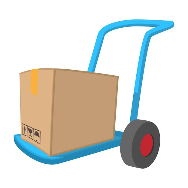Vector carro de mano azul con icono de dibujos animados de caja de cartón sobre un fondo blanco