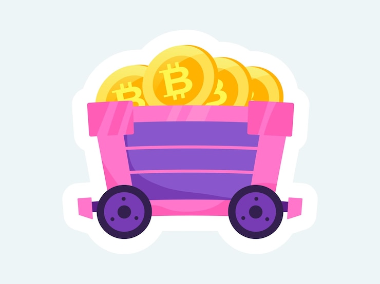 Vector carro minero con bitcoins dorados criptomoneda y blockchain